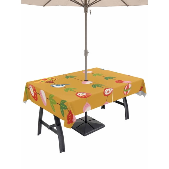 Outdoor Tablecloth with Umbrella Hole for Patio/Picnic/Party/Camping, Orange Spring Floral Waterproof Table Cloth Rectangle Table Cover Washable, Green Botanical Summer Flower Birds (60"x 102")