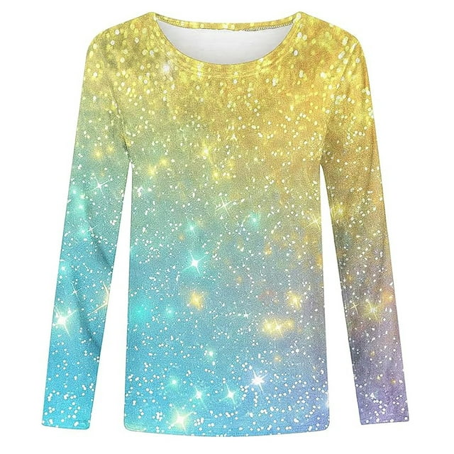 Rovga T-Shirts pour Filles 5-6 Ans Chandail Imprimé à Sequins Chemise Ronde à Manches Longues Printemps Été Couleur Unie Graphique Col Rond Classique Quotidien Jaune