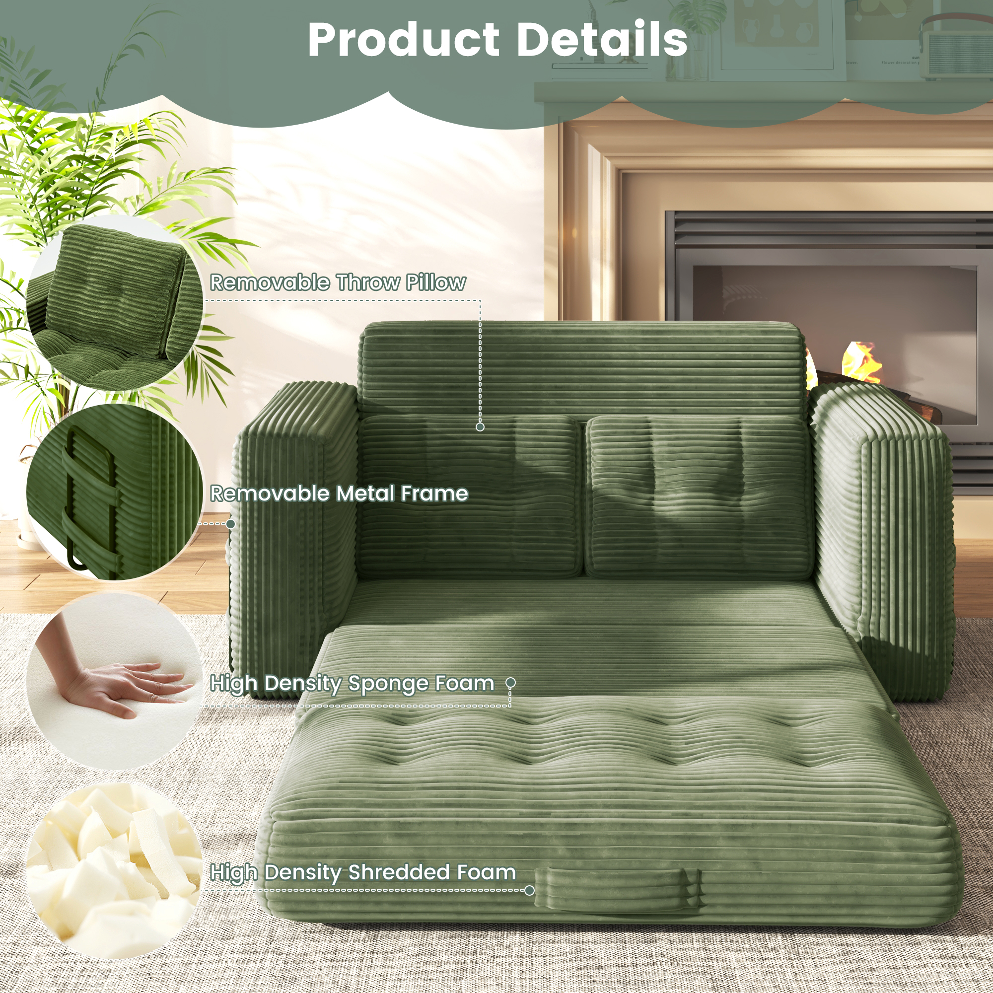 Erinnyees 2-in-1 Sleeper Sofa, No Assembly Corduroy Loveseat, Converts to Bed with Deep Seat & 2 Included Pillows