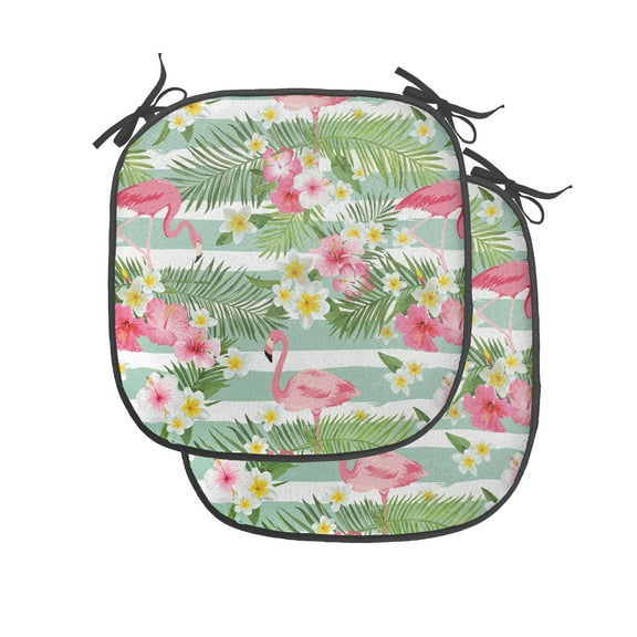 Flamingo Chair Seating Cushion Set of 4, Flamingos with Exotic Hawaiian Leaves Flowers on Striped Vintage Background, Seat Pads with Anti-slip Backing, 16"x16", Green Pink White, by Ambesonne