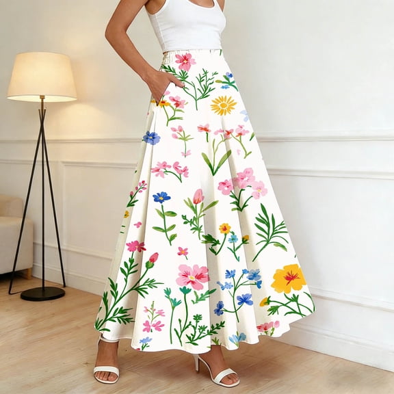 Rove Studio Women's Floral Print Maxi Skirt, Elastic High Waist Flowy A-Line Skirt with Pockets, Bohemian Skirts for Women White L