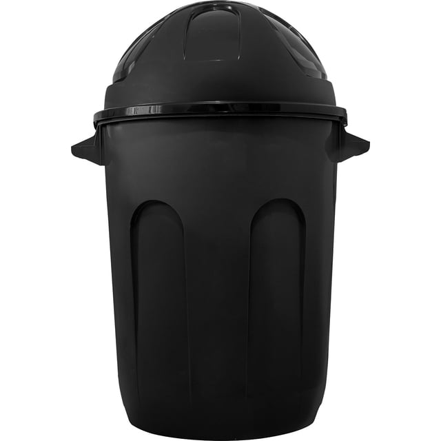 bote de basura con tapa basculante de 60 litros Jaguar Plasticos, vista frontal centrada en plástico negro liso con tapa basculante integrada, asas laterales moldeadas y tres nervaduras verticales; capacidad 60 litros, plástico libre de BPA, diseñado para exterior y organización del hogar; también suele usarse como contenedor de almacenaje exterior para herramientas ligeras.