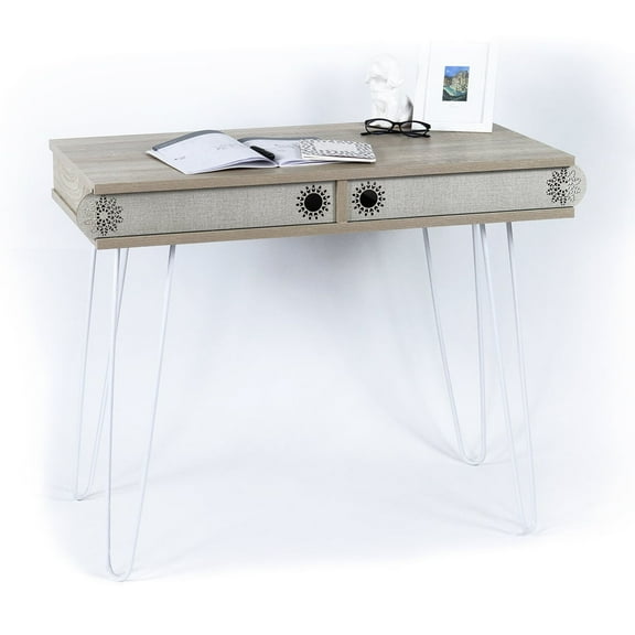 2 Tier Desk With Metal Legs, Oak Finish, 27 In Height, 20 Width, 37 Depth, Attractive Workspace Wood Top, H X W D, Elegant Style