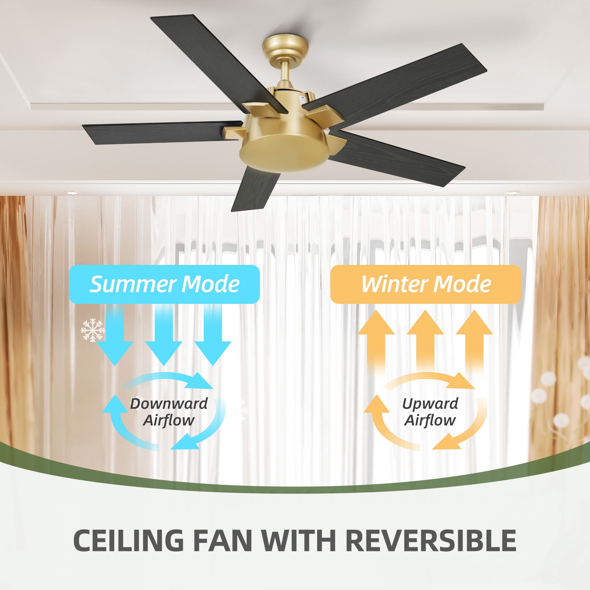 Uforic 52 Inch Modern Black Gold Ceiling Fan with Wall Switch Remote,Ceiling Fan No Lights for Indoor Outdoor