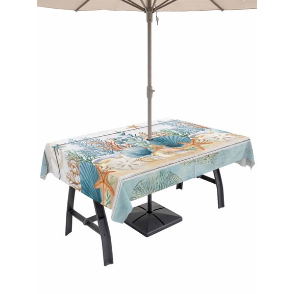 Outdoor Tablecloth with Umbrella Hole for Patio/Picnic/Party/Camping, Starfish Coastal Waterproof Table Cloth Rectangle Table Cover Washable, Summer Ocean Blue Coral Conch Seagrass (52"x 70")
