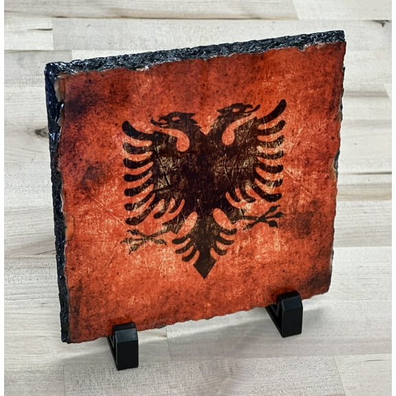 Albanian flag, double headed eagle on slate plate with stands. 6" x 6" square.