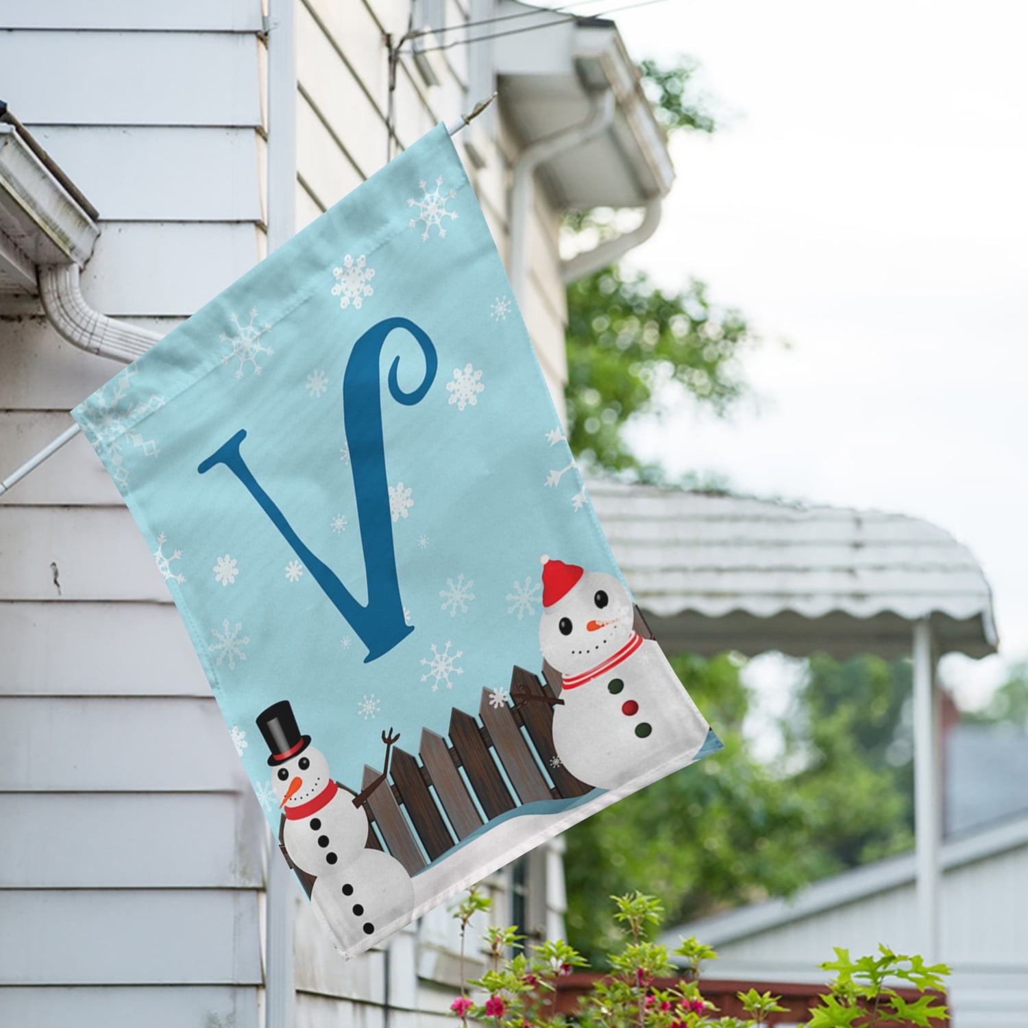 America Forever Winter Monogram Letter V House Flag Vertical Double Sided 28 x 40 inches Snowman in Winter Backyard Holiday Seasonal Flags for Outdoor, Yard, Porch Decoration, Let it Snow House Flag