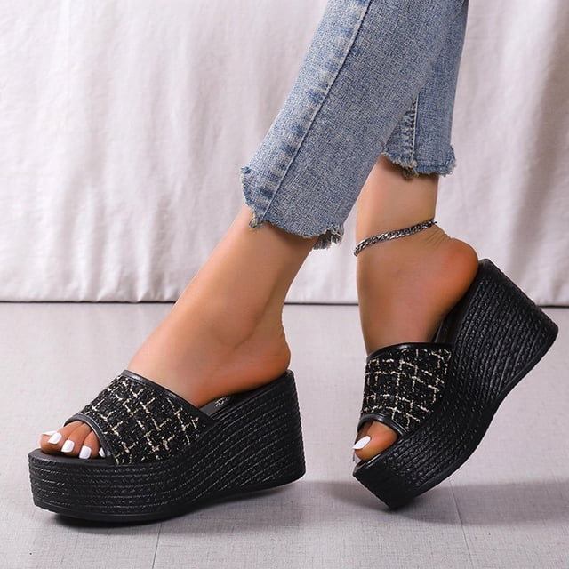 Latrodar Sandales de Douche Femmes Rétro Confortables Respirantes à Enfiler Sandales Femmes Été Talons Hauts Sandales de Douche Talons Plateforme Pantoufles Pantoufles de Plage Pantoufles d'Intérieur Coussin Respirant Sandales à Enfiler pour Femme
