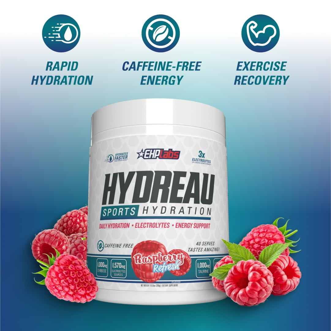EHP Labs Hydreau Electrolytes Powder No Sugar - Hydration Powder for Endurance & Energy - Electrolyte Powder for Men & Women - Sugar Free Electrolytes - Raspberry Refresh (40 Serves)