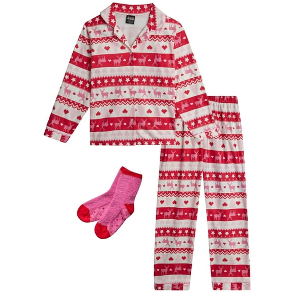 PJ's & Presents Girls' Christmas Pajamas - 2-Piece Flannel Christmas Pajama with Matching Socks (4-16)