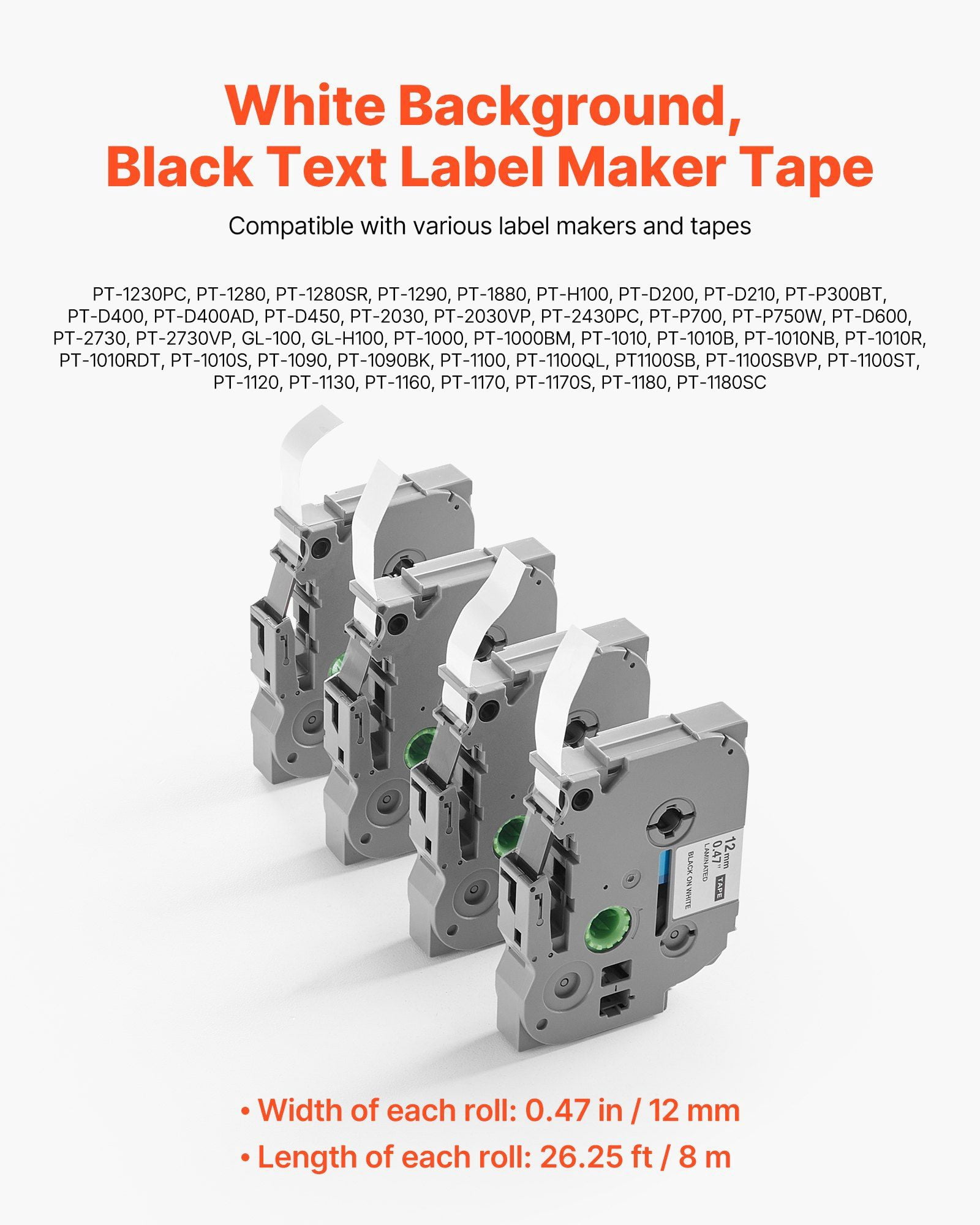 4-Pack 12mm Black on White Label Maker Tape - Brother TZe-231 Refill Cartridge for PT-D200/PT-H100 Series - Durable Thermal Printing Labels for Office & Home Organization