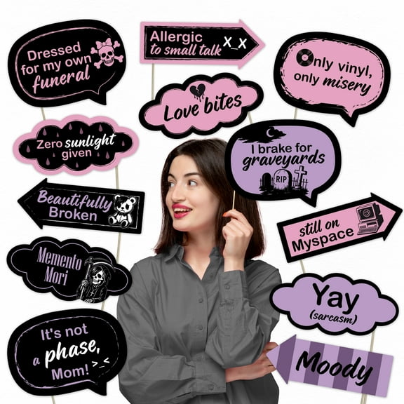 Emo Party Photo Booth Props, 12-Piece Black & Pink Decorations for Birthday, Concert, Halloween & Theme Party Supplies