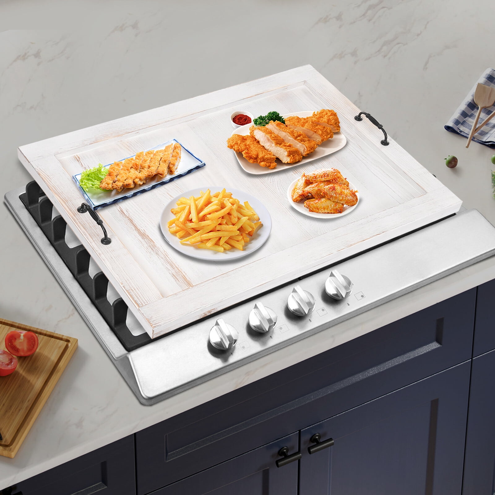 30 * 21.4 In Noodle Board Stove Covers with Handles, Wood Stove Cover for Gas and Electric Stoves, Extra Thick Wooden RV Stovetop and Sink Cover - Space Saving Kitchen Tray