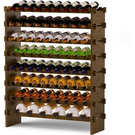 Wine Rack Freestanding Floor Bamboo 8-Tier 69 Wine Bottle Holder Racks Countertop Cabinet Display Wooden Stackable Modular Wine Storage Organizer Shelves for Kitchen Bar Cellar Dining Room Walnut