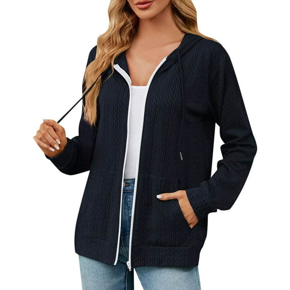 Ediodpoh Women's Autumn Winter Loose Long Sleeve Hooded Zipper Cardigan for Women Pocket Sweater Navy XL