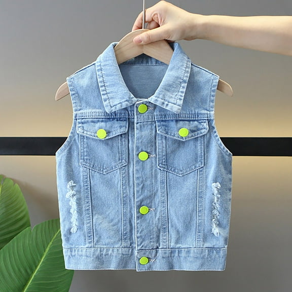 MKOSPLRT Denim Vests for Girl Sleeveless Lapel Collar Ripped Jean Jacket Vests Casual Button Down Outwear Vests with Pocket 1-12Y