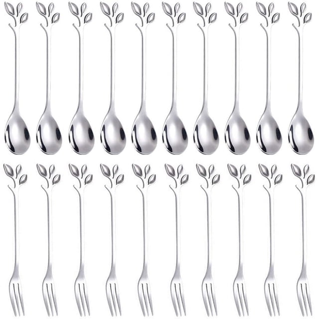 Juego de tenedores y cucharas de postre ckepdyeh, 20 piezas de tenedores para pasteles de 4,7 pulgadas, cucharas de café, tenedores de frutas con hojas plateadas (10 cucharas + 10 tenedores)