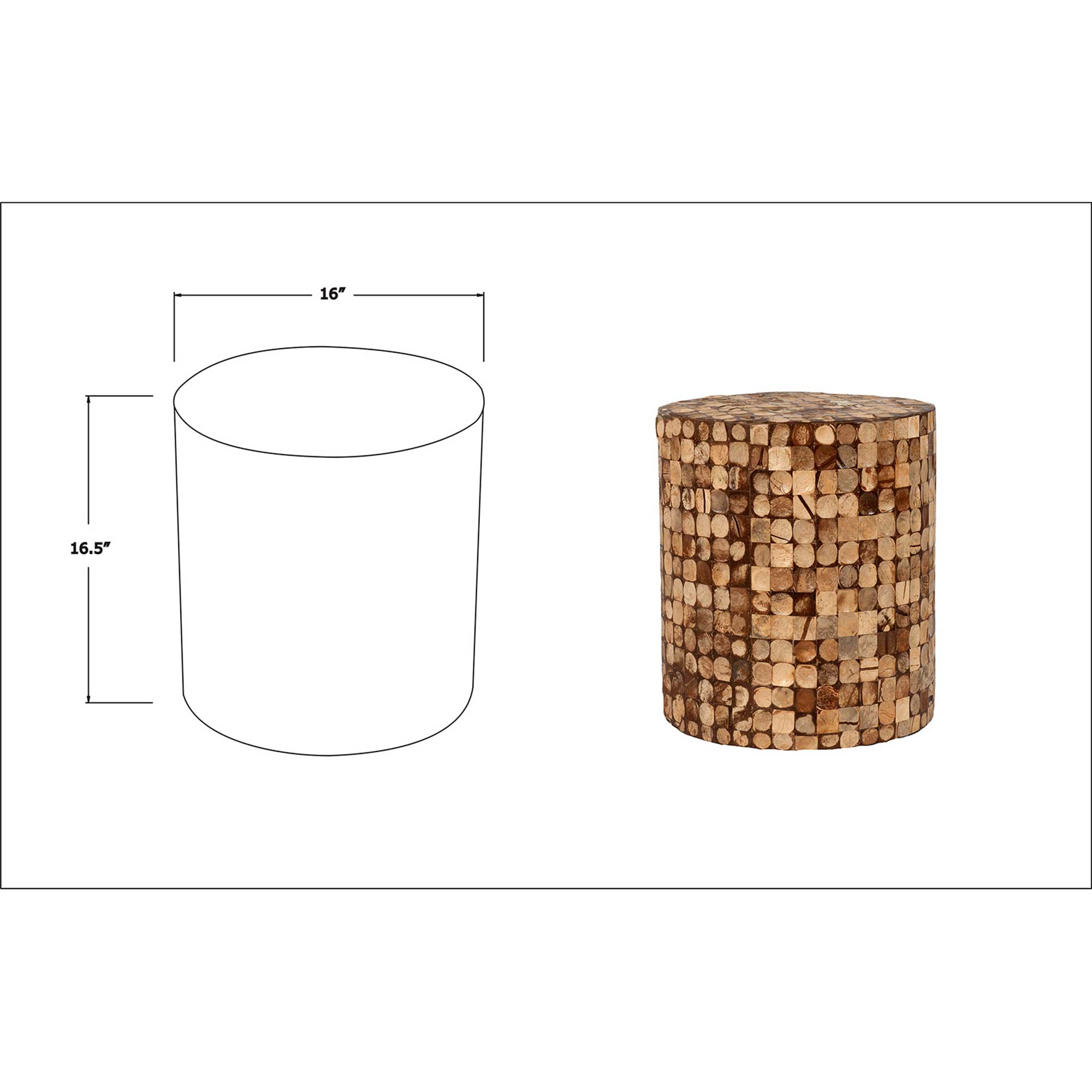 "East at Main Mila Round Natural Brown Distressed Coconut Shell Drum End Table, 16""Dia x 16.5""H"