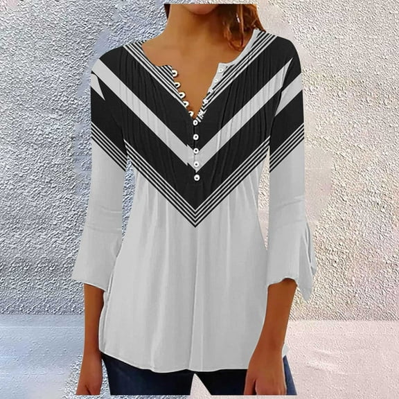 Summer Spring T-Shirts Women, 2025 Trendy Boho Floral Graphic Tunic 7 Sleeve V Neck Loose, Gray S-3XL