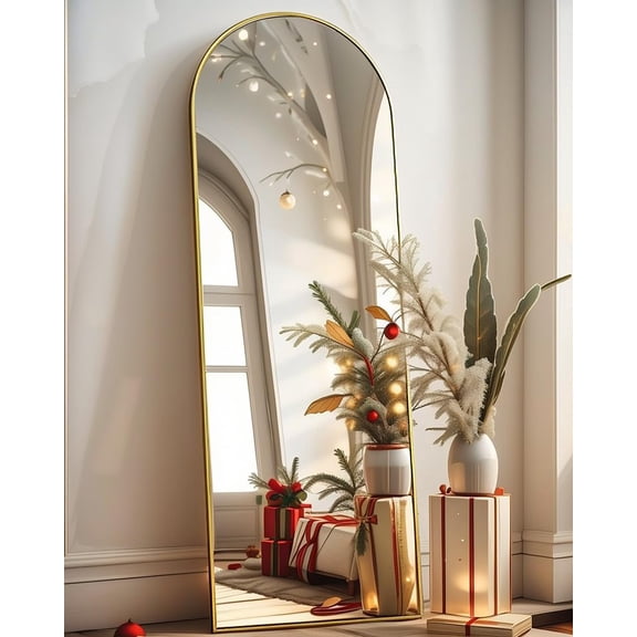 Arched Full Length Floor and Wall Mounted Mirror 58"H x 18"W Gold