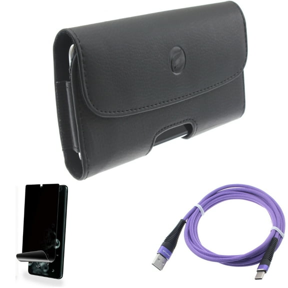 Privacy Screen Protector w 6ft USB Cable w Case Belt Clip for Samsung Galaxy S20 Ultra - TPU Film [NOT GLASS] [Fingerprint Works], Purple Type-C Charger Cord, Leather Holster fits Galaxy S20 Ultra