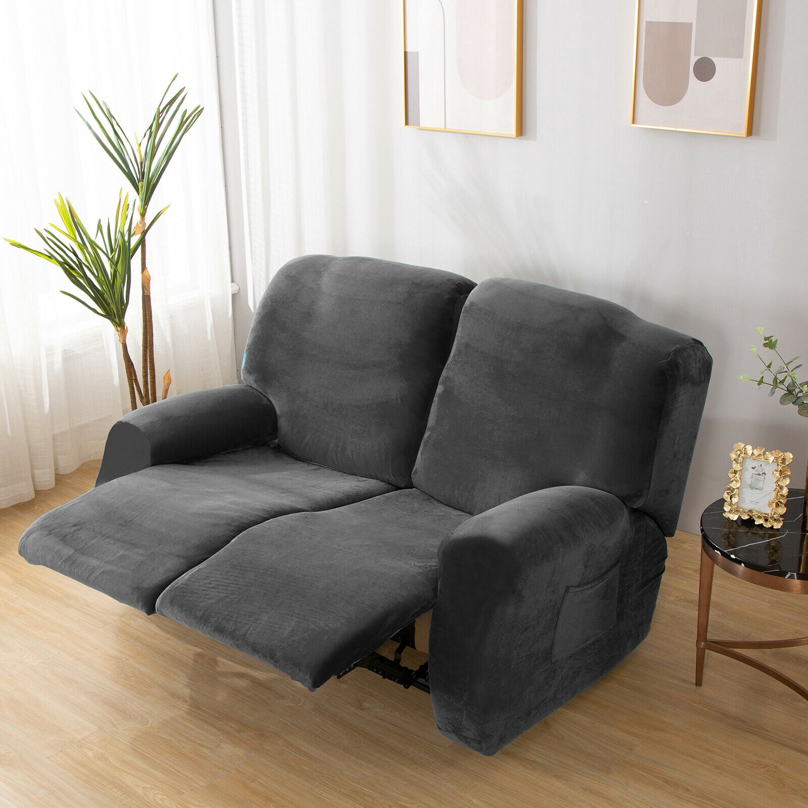 SHANNA Reclining Love Seat Slipcover, 2-Seater 6-Piece Velvet Stretch Loveseat Reclining Sofa Covers, Dark Gray