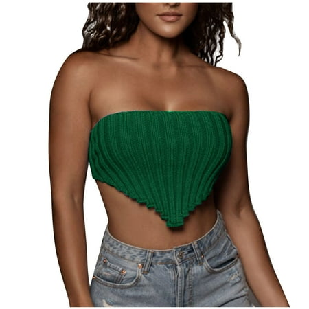 Ersazi Womens Fashion Tops in Clearance Womens Bra Knitted Sling Irregular Sleeveless Shoulder Tight Thin Wool Short Jacket Green L