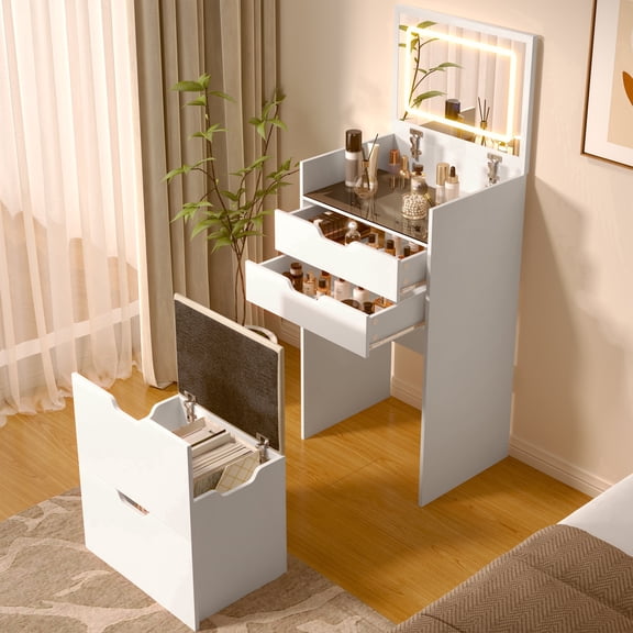 3-in-1 Vanity Table with Flip LED Mirror, Small Makeup Vanity Desk with 3 Storage Drawers, Hidden Compartment & Cushioned Stool, Compact Dressing Table for Bedroom, Apartment, Dorm, White