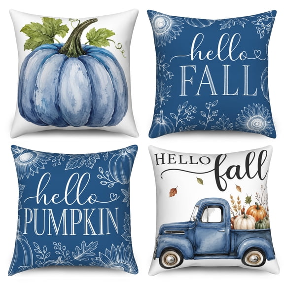 DaShan Blue Fall Throw Pillow Covers 18x18 Set of 4,Pumpkin Truck Leaves Pillow Cases for Bedroom Sofa Couch