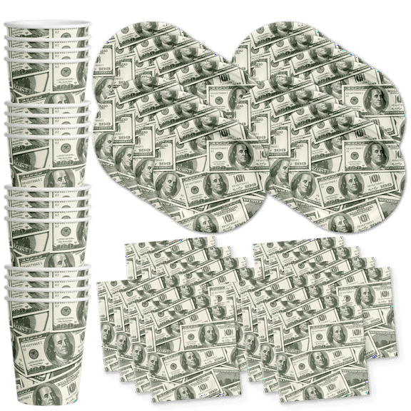 Money $100 Dollar Bills Birthday Party Supplies Set Plates Napkins Cups Tableware Kit for 16