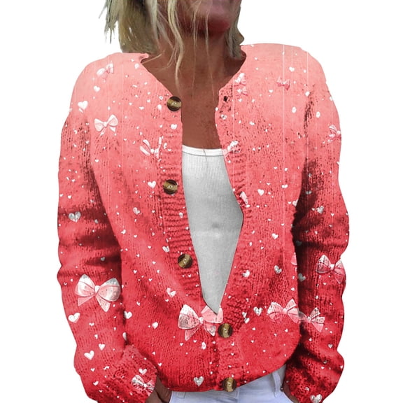 Fgvctg Valentine's Day Womens Cardigan Trendy Open Front Cute Sweater Casual Long Sleeve Coat Love Heart Print Cardigan Spring Button Down Sweaters Chunky Outfits Watermelon Red L