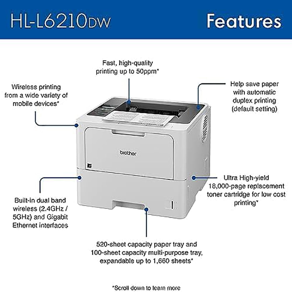 Brother HLL6210DW Monochrome Laser Printer Business with Large Paper Capacity, 50 PPM Duplex Printing, Ethernet and Mobile Printing with 6ft USB Printer Cable and Print Like a Pro Guide Bundle