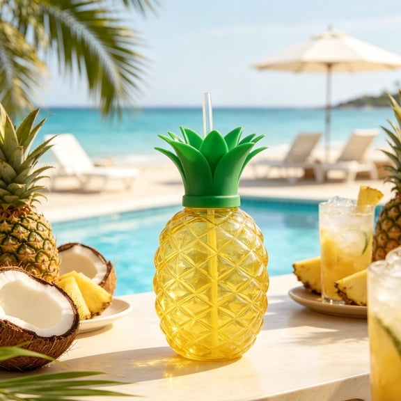 Pineapple Cups with Straws Plastic Drinking Bottle with Lids Hawaiian Party Supplies Beach Cups for Outdoor Parties 3.54x6.29in 1PCS