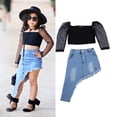thumbnail image 2 of Toddler Baby Kids Girl Clothes Set Black Polka Dot Lace Sleeve Crop Top+Irregular Long Denim Skirt Outfits Set 2pcs, 2 of 5