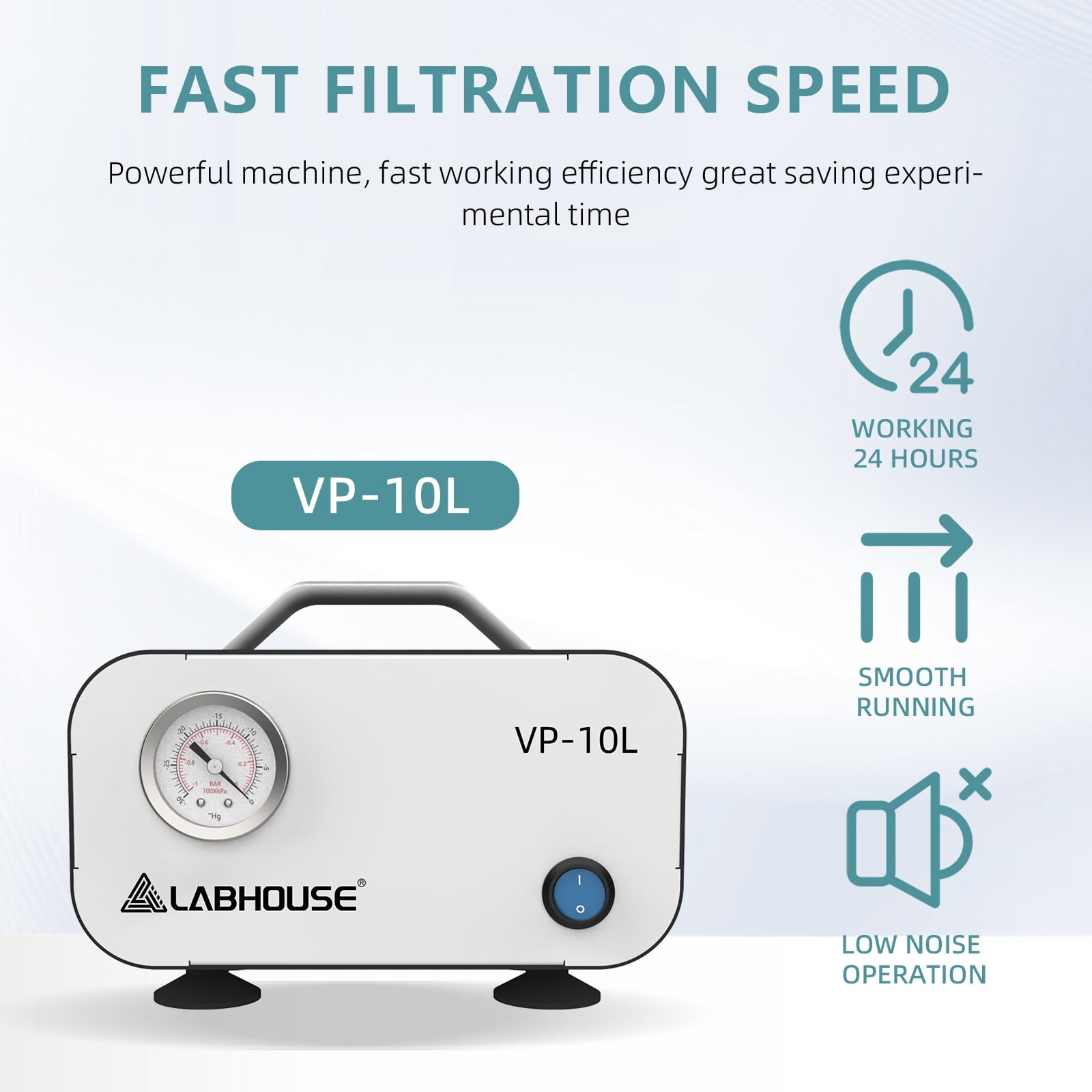 LABHOUSE Lab Diaphragm Vacuum Pump VP-10L, Portable Mini Oilless Pump Oil Free for Laboratory Vacuum Filtration, 10L/min Flow Rate with Rubber Tube, 110V