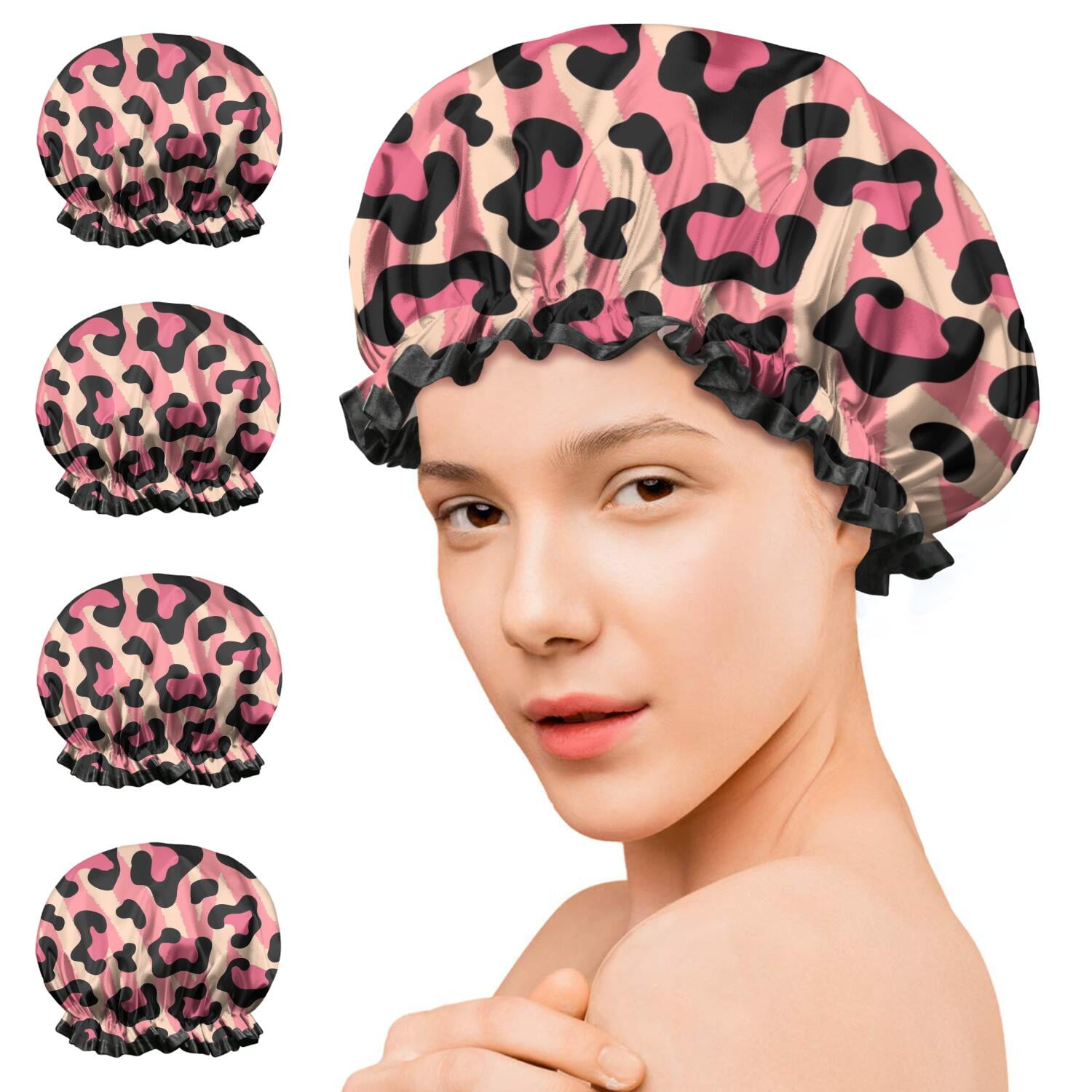Shower Caps,Pink and Black Of Leopard Print Waterproof Shower Cap for Women 4 Pieces,Double Reusable Hair Cover for Shower PEVA Elastic Stretch Hem