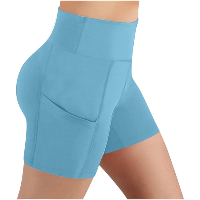Pantalones Cortos de Correr de Cintura Alta Mujeres Bolsillo Cadera Estiramiento Pantalones Cortos de Fitness Yoga, Poliéster Spandex