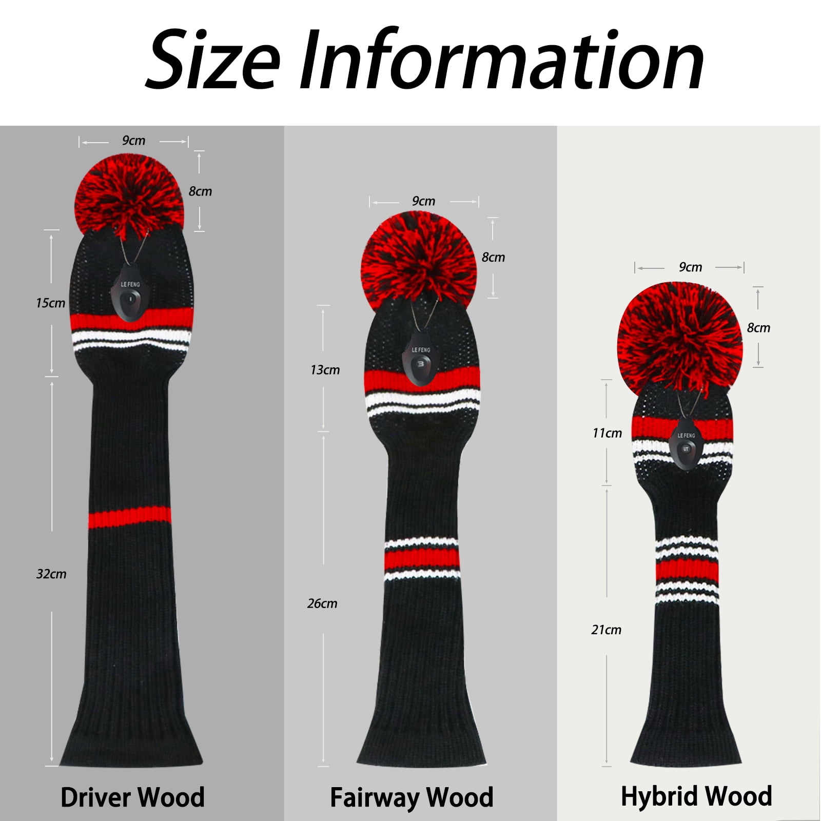 LeFeng 3Pcs Golf Club Head Covers Set Knitted Golf Head Covers for 460cc Driver Fairway Woods and Hybrid with Cute Pom Pom and Number Tag