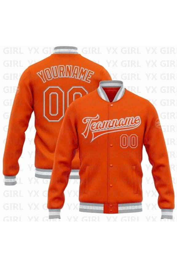 Custom Orange White-Gray Bomber Full-Snap Varsity Letterman Jacket 3D Printed Baseball But