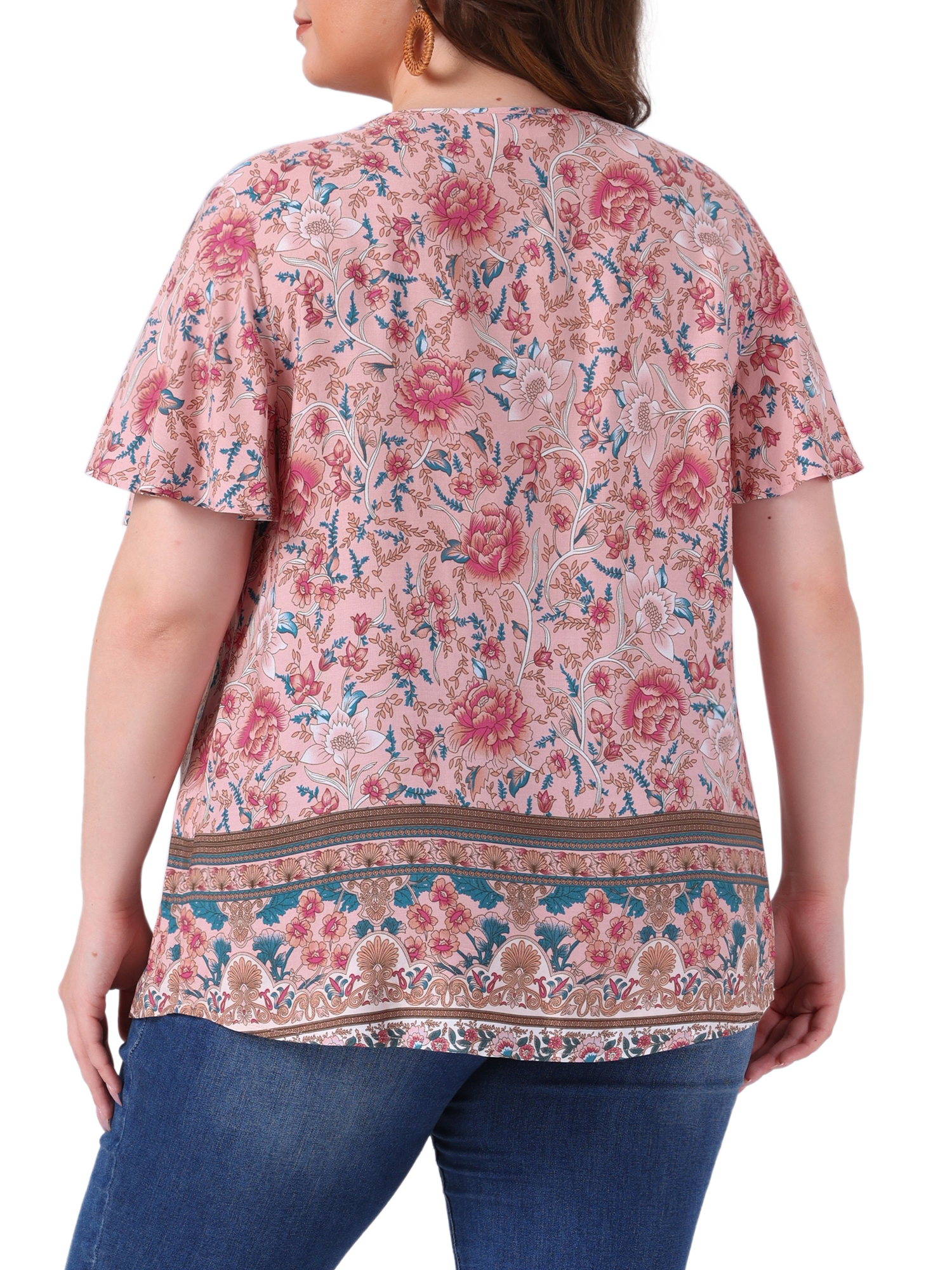 Women's Plus Women's Keyhole Ruffle Short Sleeve Boho Floral Blouse 2X Pink