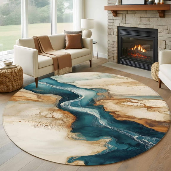 Round Rugs 7Ft, Teal Brown Round Area Rug Washable Indoor Throw Carpet, Contemporary Modern Abstract Art Large Non Slip Circle Rug for Dining Room Playroom Home Decor Aesthetic