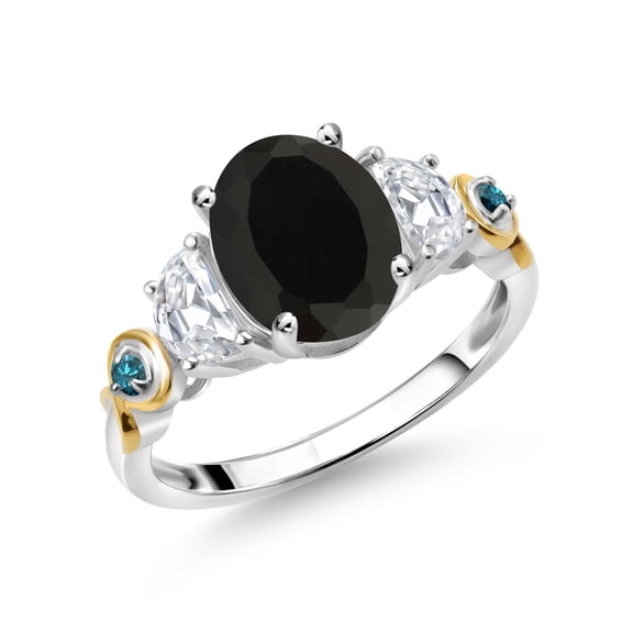 Gem Stone King 925 Silver and 10K Yellow Gold 3-Stone Ring Oval Black Onyx and Moissanite (2.51 Cttw, Size 5)
