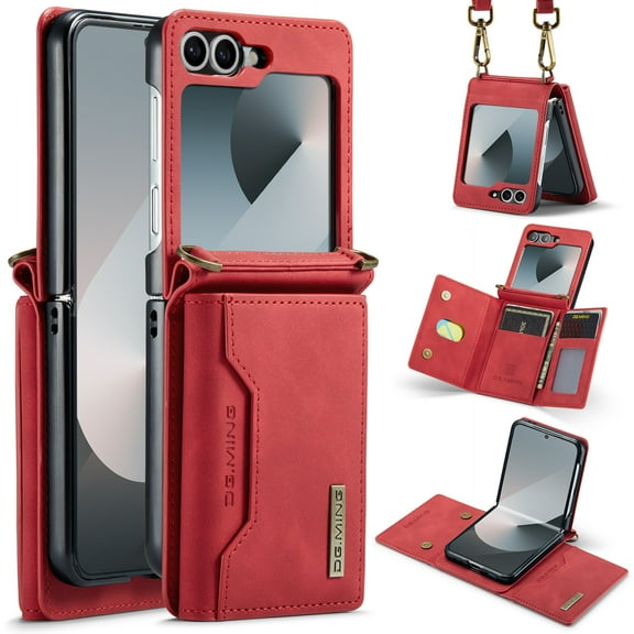 for Samsung Galaxy Z Flip 4 Case Wallet, 2 in 1 Detachable Magnetic Card Holder PU Leather Kickstand Case [Card Cash Slot] [Wireless Charging] Shockproof Cover For Samsung Galaxy Z Flip 4,Red