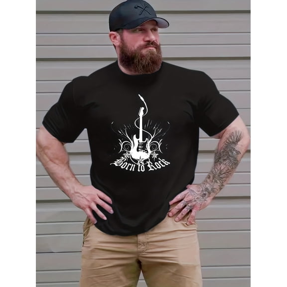 Men'S Casual Crew Neck T-Shirt with Guitar Print, Polyester 95% Spandex 5% Knit Fabric, Medium Stretch, Regular Fit, Summer Top for Adult - Plus Size Available