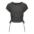 thumbnail image 4 of Crop Tops for Women Trendy Round Neck Drawstring Short Sleeve Shirts Casual Slim Fit Girls Summer Tunic Blouses Gray, 4 of 6