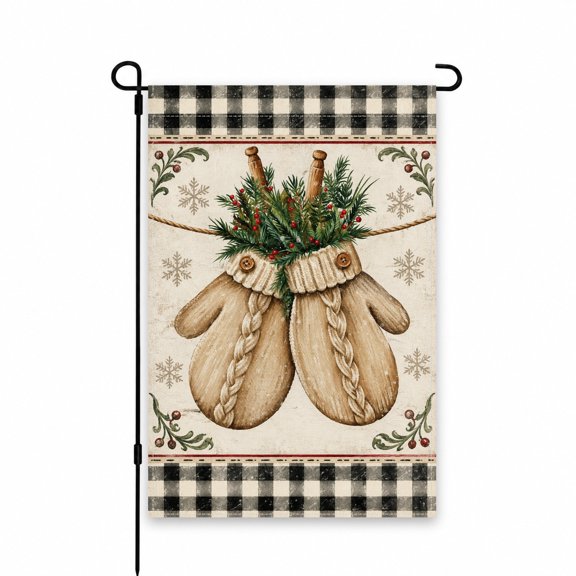 Rustic Winter Mittens Garden Flag 12x18 Inch - Festive Holiday Theme with Snowflakes and Pine Accents for Yard, Lawn, Patio, Porch Outdoor Decor