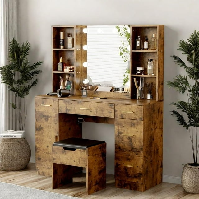 EDTara Ensemble de Coiffeuse de Ferme avec Miroir Éclairé, Coiffeuse Moderne de 56 Pouces avec Station de Charge et Étagères de Rangement, Table de Maquillage pour Femmes et Filles, 3 Modes d'Éclairage, Luminosité Réglable
