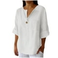 thumbnail image 2 of Tittly Womens Linen Shirt Camisas De Lino Para Mujer Linen Button Up Shirts for Women Cotton Linen Shirts For Women Summer V Neck 3/4 Sleeve Tops Beach Blouses Tunic Tops White, 2 of 6