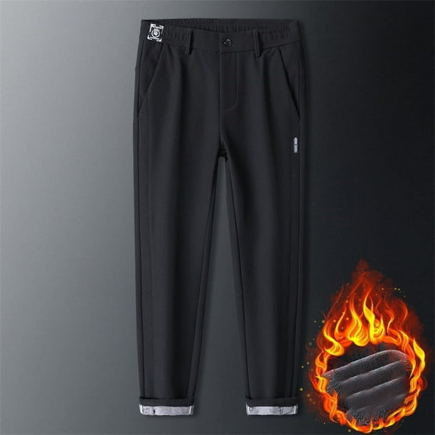 Pantalones largos para hombre, informales, de invierno, holgados, de color liso, con pierna recta, bolsillos y felpa gruesa, de poliéster.