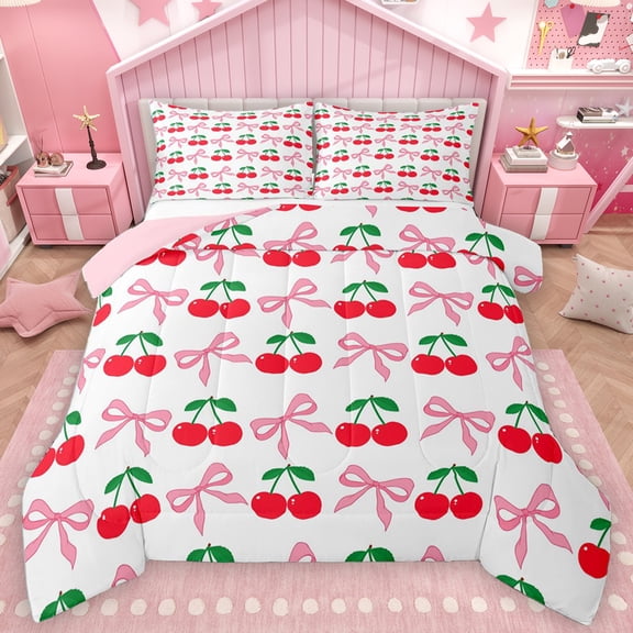 Homewish Kawaii Bow Knot Bedding Comforter Set,Cartoon Cherry Fruit Twin Comforter Sets,Cute Bowtie Ribbon Bedding Set For Girls,Microfiber Bedroom Decor Reversible,2-Piece